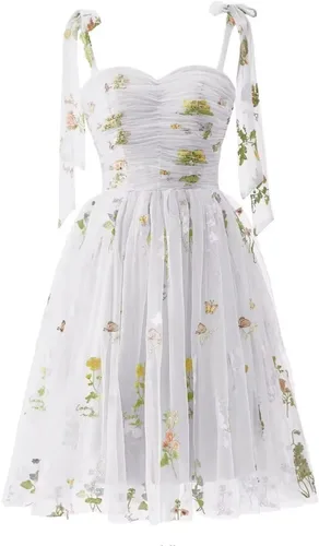 Miniatura 8 de Fivsole Vestido corto con bordado de flores para adolescentes, vestido de tul con tirantes delgados, mini formal, cóctel, fiesta de noche, vestidos