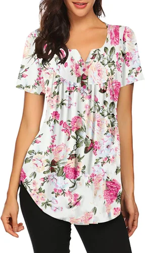 Miniatura 4 de Blusón plisado de manga corta con estampado floral y cuello Henley en V para mujer, con vuelo.