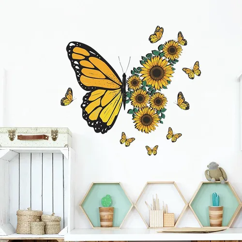 Calcomanías de pared cálidas de girasol y mariposas, diseño de mariposas amarillas, calcomanías de pared removibles de vinilo para despegar y pegar
