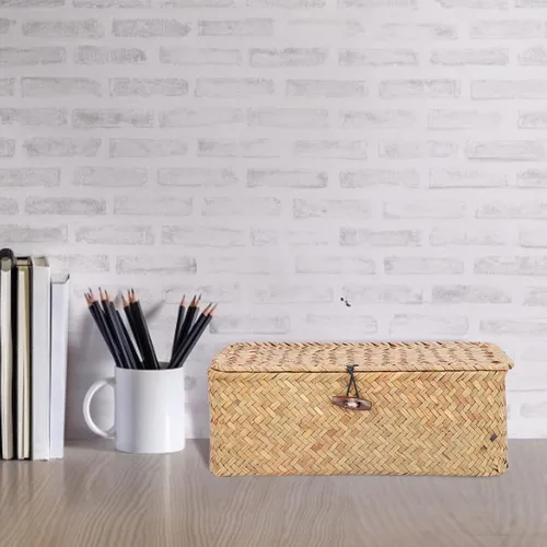 Miniatura 3 de Cesta de almacenamiento de hierba marina natural, cesta rectangular tejida de ratán natural con tapas, organizador de escritorio, cesta decorativa