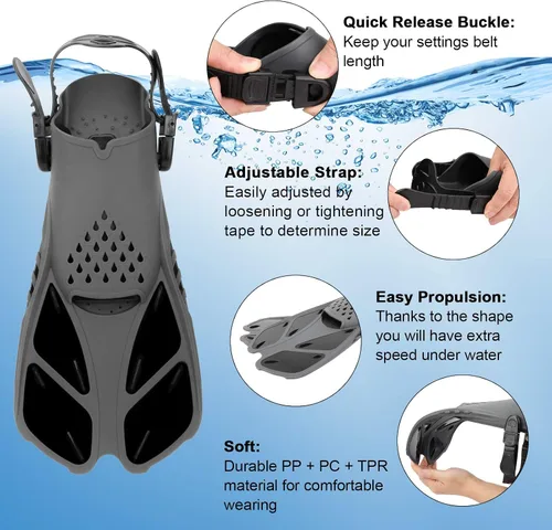Miniatura 4 de QKURT Aletas de esnórquel, aletas de natación con hebillas ajustables, tacón abierto, aletas de buceo para hombres, mujeres, jóvenes