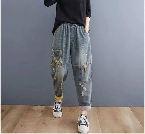 Miniatura 4 de LAI MENG FIVE CATS Pantalones vaqueros sueltos para mujer, pantalones harén con cintura elástica con bolsillo