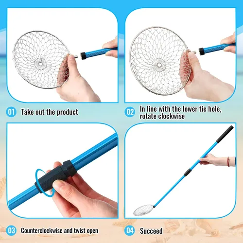 Miniatura 6 de Roshtia 4 Pcs Beach Sand Sifter Set, Adjustable Long Handle Shell Scoop, Shark Tooth Sifter Mesh Shovel for Family Seashell Collecting, Sea Glass