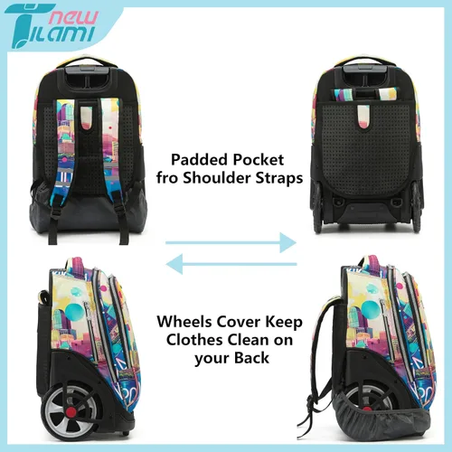 Miniatura 49 de NEW TILAMI Mochila con ruedas de 19 pulgadas con bolsa de almuerzo para niñas y niños, mochila para laptop con ruedas, bolsa de mano duradera
