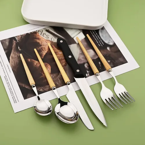 Miniatura 3 de Juego de cubiertos de acero inoxidable para 4 Uniturcky 24 piezas con cuchillos para carne, juego de cubiertos con mango de madera para el hogar