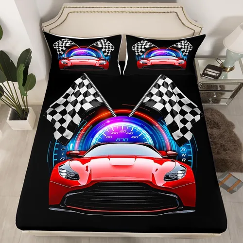 Miniatura 2 de Erosebridal Red Race Car - Juego de sábanas para niños y adolescentes, tamaño individual, juego de 3 piezas, sábana bajera + sábana encimera + 1