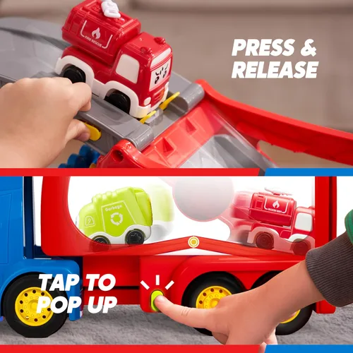 Miniatura 4 de Vroomix Camiones de Juguete Extra Grandes para Niños Pequeños, Camiones de Ciudad de 3 Niveles para Niños, Camión Transportador Grande 7 en 1