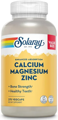 SOLARAY Suplemento de Calcio, Magnesio y Zinc - con Calcio 1000mg, Magnesio 500mg - Salud ósea, función muscular, salud del corazón y apoyo