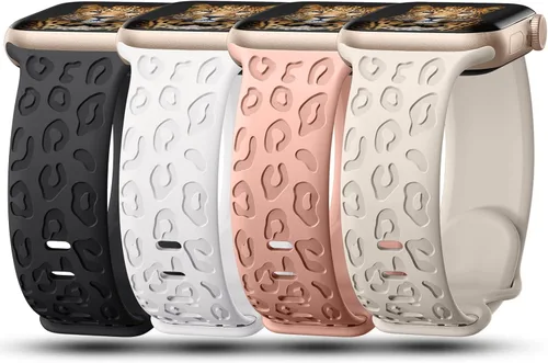 CreateGreat - Paquete de 4 bandas grabadas con diseño de leopardo compatibles con Apple Watch para mujeres de 38mm 40mm 41mm 42mm 44mm 45mm 46mm