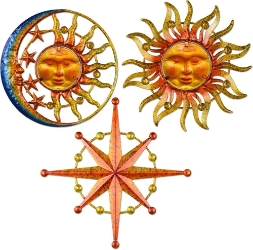 Arte de pared de metal con estrella de sol y luna, decoración extraña de cara de sol, juego de 3, decoración de pared navideña para patio, jardín,