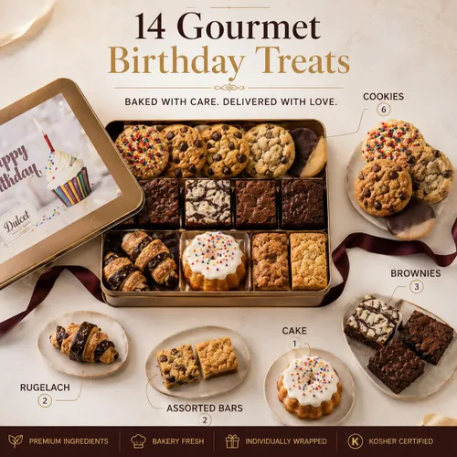 Miniatura 2 de Cesta de regalo gourmet de feliz cumpleaños, surtido de galletas y brownie recién horneados en elegante caja de lata reutilizable, regalos de comida