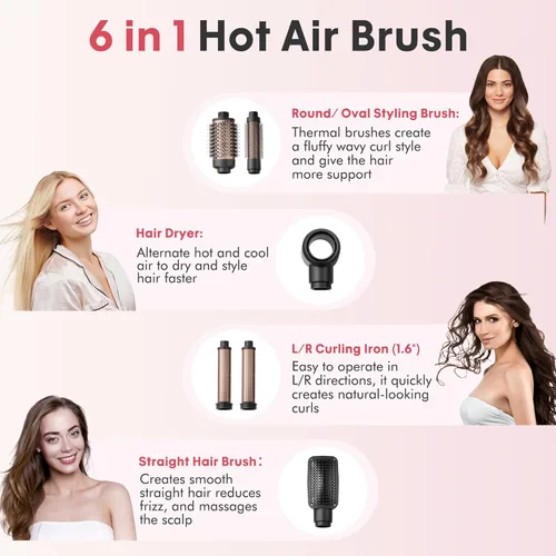 Miniatura 4 de 6 in 1 Hot Air Wrap Hair Styler, Blow Dryer Brush Set, Travel Hair Dryer Brush with Auto-Winding Curl L/R, Fast Drying, Smooth Blowouts, Root-Lift