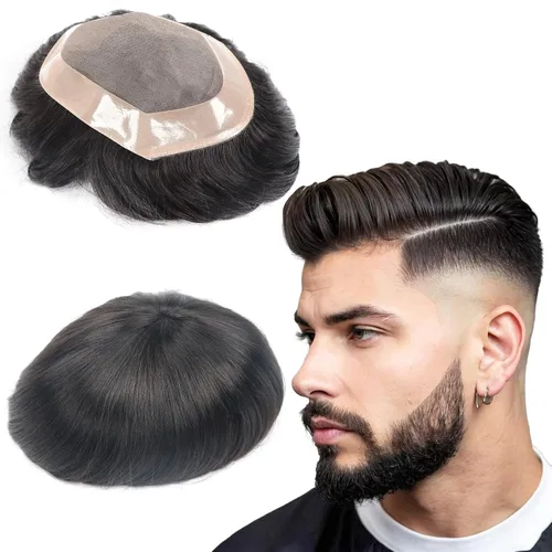 Toupee - Sistema de reemplazo de cabello para hombres, cabello humano real, 5 x 7 pulgadas, base de encaje mono, extensión duradera para hombre,