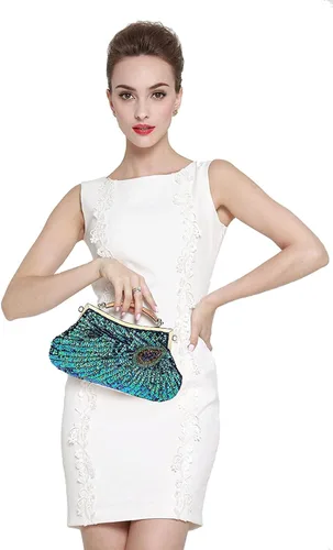 Miniatura 3 de Bolso de noche único de lentejuelas de lujo con cuentas de la boda nupcial del partido del baile de fin de curso bolso de mano (azul pavo real)