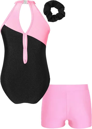 Miniatura 2 de Kids Girls Ballet Dance Outfits Shiny Sleeveless Gymnastic Leotard with Athletic Shorts Hair Band Tracksuit