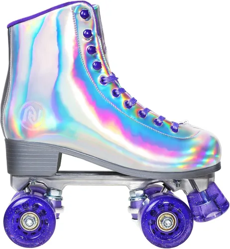 JajaHoho Patines de ruedas para mujeres, piel sintética holográfica de alta calidad, patines brillantes de doble fila de cuatro ruedas para niñas y