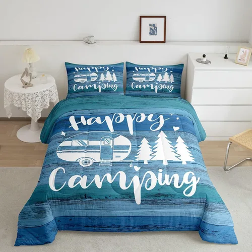 Miniatura 34 de Happy Camping - Juego de edredón de 3 piezas, tamaño Queen, retro, azul, rojo, blanco, rayas de madera, para niños, adolescentes, adultos, Multi 19