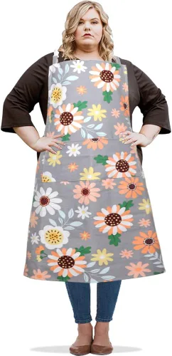 Miniatura 9 de Delantal de lona para mujer con 2 bolsillos, 39 x 38 pulgadas, delantales extra grandes XXL, A cuandros negros