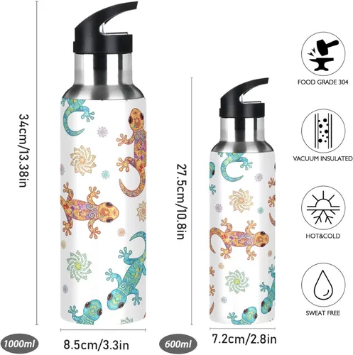 Miniatura 2 de Insulated Stainless Steel Water Bottle with Straw 20 Oz, BPA-Free Sports Water Bottle for Gym Outdoor Travel School, Funny Geckos Print