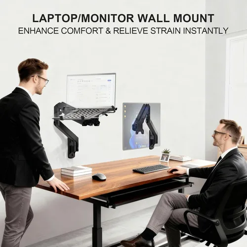 Miniatura 2 de WALI Soporte de pared para laptop, brazo de laptop totalmente ajustable para portátiles de 10 a 17 pulgadas, soporte de pared para monitor 2 en 1