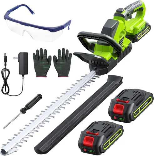 Cortesetos de 20'' inalámbrico con batería, recortador de arbustos eléctrico manual de 3000RPM con 2 piezas de baterías recargables de 2000mAh,