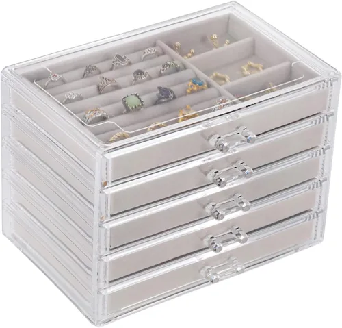 Cq acrylic Organizador de joyas con 5 cajones caja de joyería de acrílico transparente regalo para mujeres hombres niños y niñas apilable de