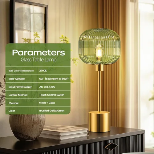 Miniatura 3 de QiMH - Lámpara de mesa de vidrio para sala de estar, lámpara de mesita moderna con pantalla de vidrio acanalada verde, lámpara de mesita de noche