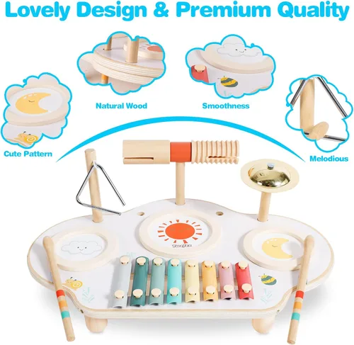 Miniatura 5 de Twefex Juego de batería para niños, juego de batería 9 en 1 para niños pequeños, instrumentos musicales Montessori, juguete para bebés, juguetes
