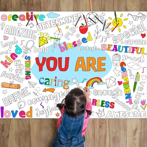 Naozinebi Póster para colorear positivo para niños, póster gigante con texto en inglés "You Are Coloring", gran afirmaciones positivas, mantel para