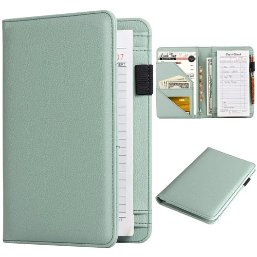 CoBak - Libreta para mesero, organizador con bolsillo con cierre, para personal de restaurantes, 5 bolsillos grandes, con portabolígrafo, verde
