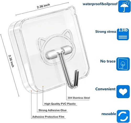Miniatura 2 de Elegana Ganchos autoadhesivos resistentes, paquete de 24 unidades, 33 libras máximo, ganchos de pared de acero inoxidable 304 transparentes, ganchos
