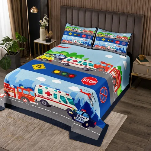 Colcha de vehículos de rescate para niños, tamaño individual, juego de colcha de ambulancia de coche de policía y camión de bomberos, decoración de