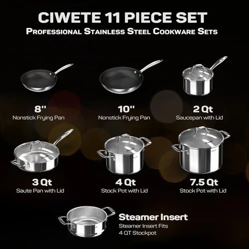 Miniatura 3 de Ciwete Juego de ollas y sartenes antiadherentes de acero inoxidable - 11 piezas, 18/10 de triple capa de acero inoxidable, juego de utensilios