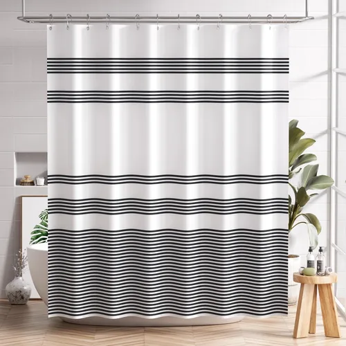 AmazerBath Cortina de ducha, juego de cortinas de ducha de tela lavable color negro con 12 ganchos para cortina de ducha, cortina de tela rústica a