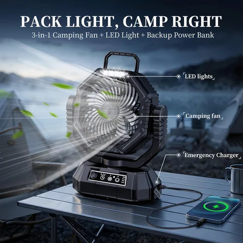 Miniatura 4 de AJVV Ventilador de campamento, batería oscilante, portátil, recargable, con luz y control remoto para campamento, al aire libre, corte de energía