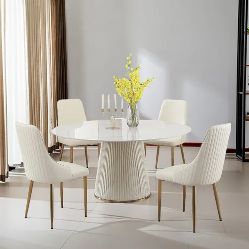 Miniatura 13 de Juego de mesa de comedor redonda de 9 piezas, moderna mesa de cocina de piedra sinterizada de 59 pulgadas con plato giratorio redondo de 31.5