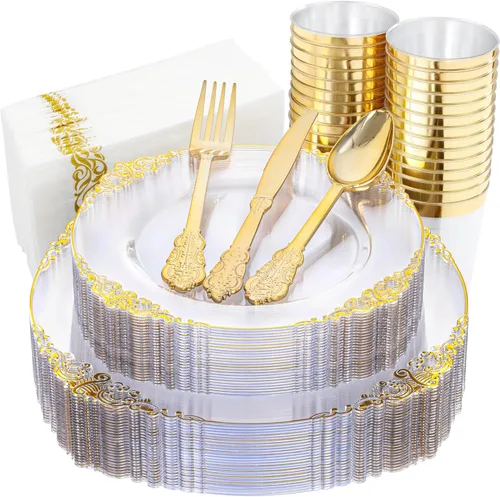 Miniatura 14 de Nervure 175 piezas de vajilla de plástico azul - Juego de vajilla de plástico azul dorado desechable incluye 50 platos para cena y postre, 25 Azul