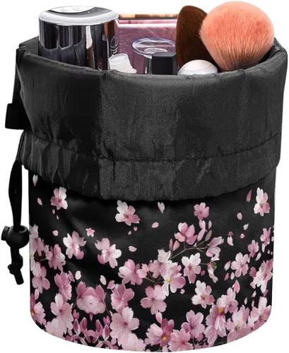 Miniatura 2 de Poceacles Bolsa de maquillaje con cordón, estuche portátil para cosméticos, bolsa de aseo de viaje, organizador de barril, bolsa de almacenamiento