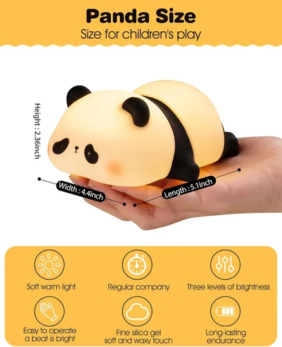 Miniatura 6 de Recolte - Bonita luz nocturna de panda con lazo de regalo, lámpara LED de silicona blanda para animales, luz regulable de 3 niveles para niños
