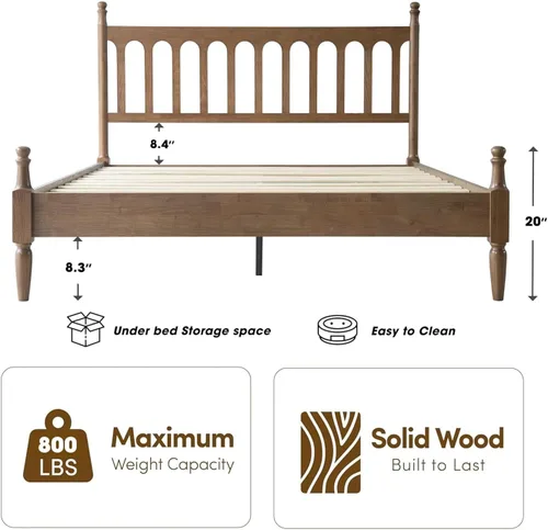 Miniatura 2 de Marco de cama de plataforma de madera maciza tamaño King con cabecero y pie de cama, base de 12 listones resistentes, patas de metal, no necesita