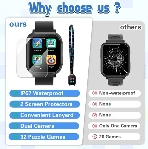 Miniatura 4 de Reloj inteligente impermeable para niños de 3 a 12 años, 32 juegos de rompecabezas, pantalla táctil HD, cámara dual, podómetro Vedio, reproductor