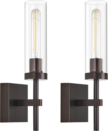 Miniatura 22 de Juego de 2 apliques de pared cableados negros y dorados, modernos apliques de tocador de baño con pantalla de vidrio transparente, luces de montaje