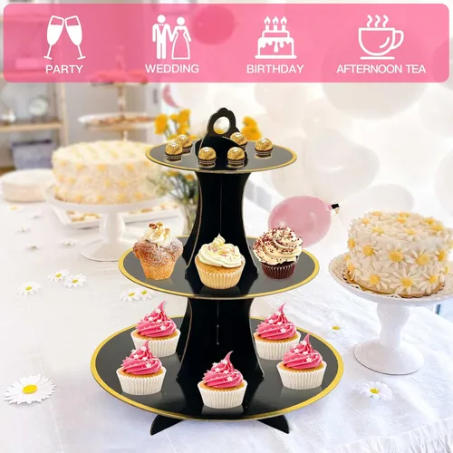 Miniatura 6 de Soleebee Soporte redondo de 3 niveles para cupcakes, torre de cartón para cupcakes, torre de soporte para pasteles de postre para decoración