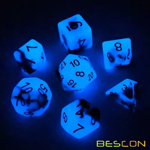 Miniatura 3 de Bescon Juego de dados poliédricos que brillan en la oscuridad de dos tonos Blue Dawn, juego de dados RPG luminosos d4 d6 d8 d10 d12 d20 d% paquete