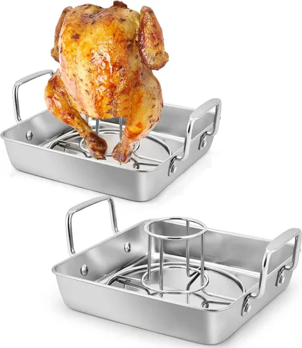 Miniatura 8 de TeamFar Soporte para latas de cerveza, bandeja de goteo de acero inoxidable con soporte vertical para parrilla y horno, ahumador, saludable