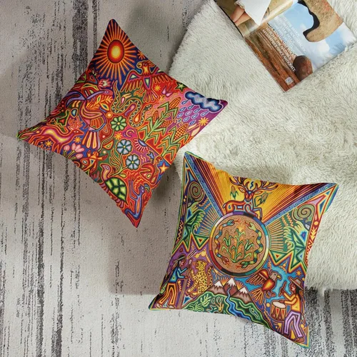 Miniatura 3 de ArtSocket Juego de 4 fundas de almohada de lino Huichol mexicano, fundas de almohada decorativas para decoración del hogar, fundas cuadradas de 16 x