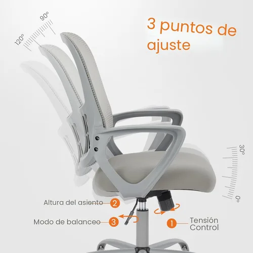 Miniatura 7 de Silla ejecutiva de oficina Sweetcrispy para gerente, ergonómica de malla ajustable, con respaldo medio giratorio y soporte lumbar cómodo, brazos Gris