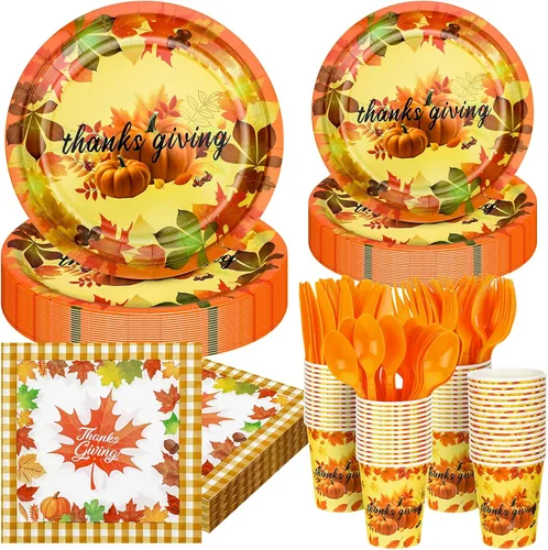 Bokon 240 platos y servilletas de papel de Acción de Gracias, hojas de arce, calabaza, decoraciones de fiesta, otoño, desechables, incluye platos,