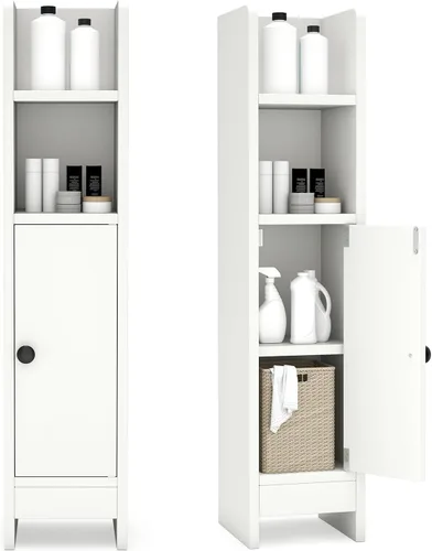 Tangkula Armario de almacenamiento de baño pequeño, gabinete de piso de esquina delgado estrecho con estante ajustable y 2 estantes abiertos, Blanco