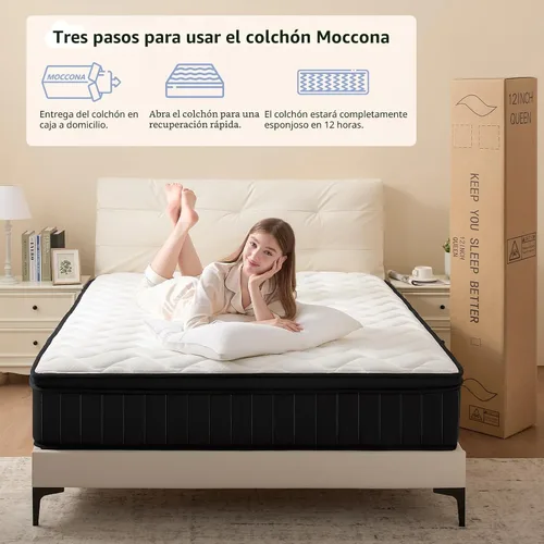 Miniatura 7 de Moccona Colchón híbrido King de 14 pulgadas con espuma viscoelástica, colchón en una caja con resortes individuales en bolsillo, colchón de firmeza